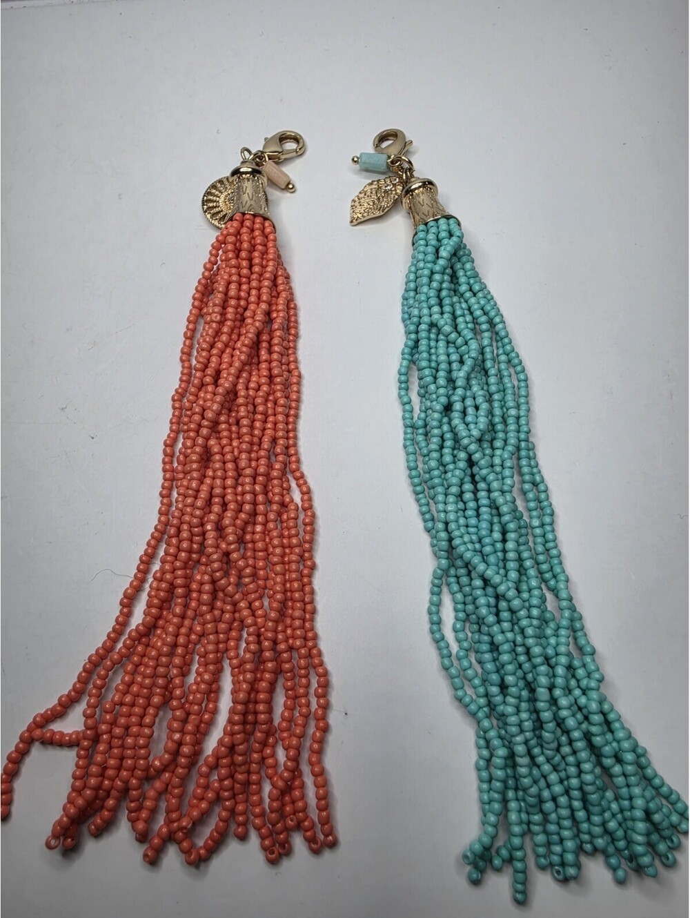Boho Coral Orange and Green Beaded Tassel Charm Lobster Clasp